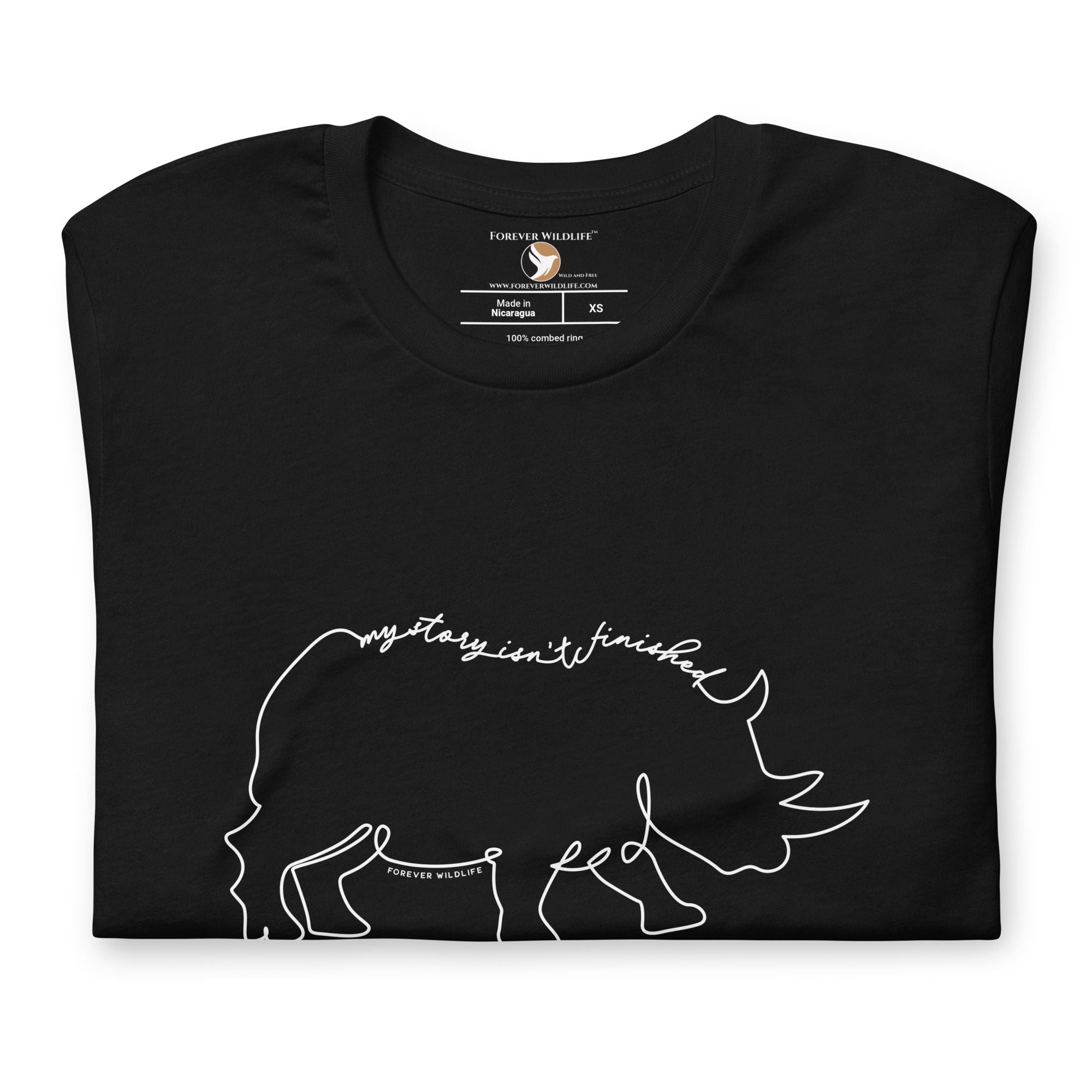 Rhino T-Shirt in Black – Premium Wildlife T-Shirt Design with My Story Isn't Finished Text, Rhino Shirts and Wildlife Clothing