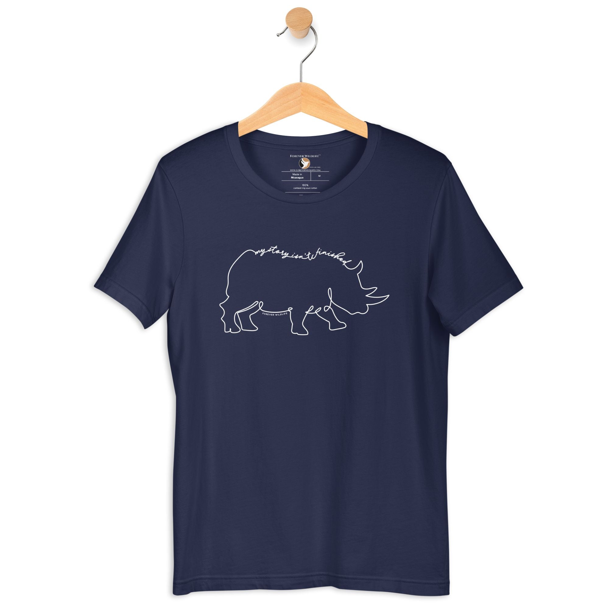 Rhino T-Shirt in Navy – Premium Wildlife T-Shirt Design with My Story Isn't Finished Text, Rhino Shirts and Wildlife Clothing