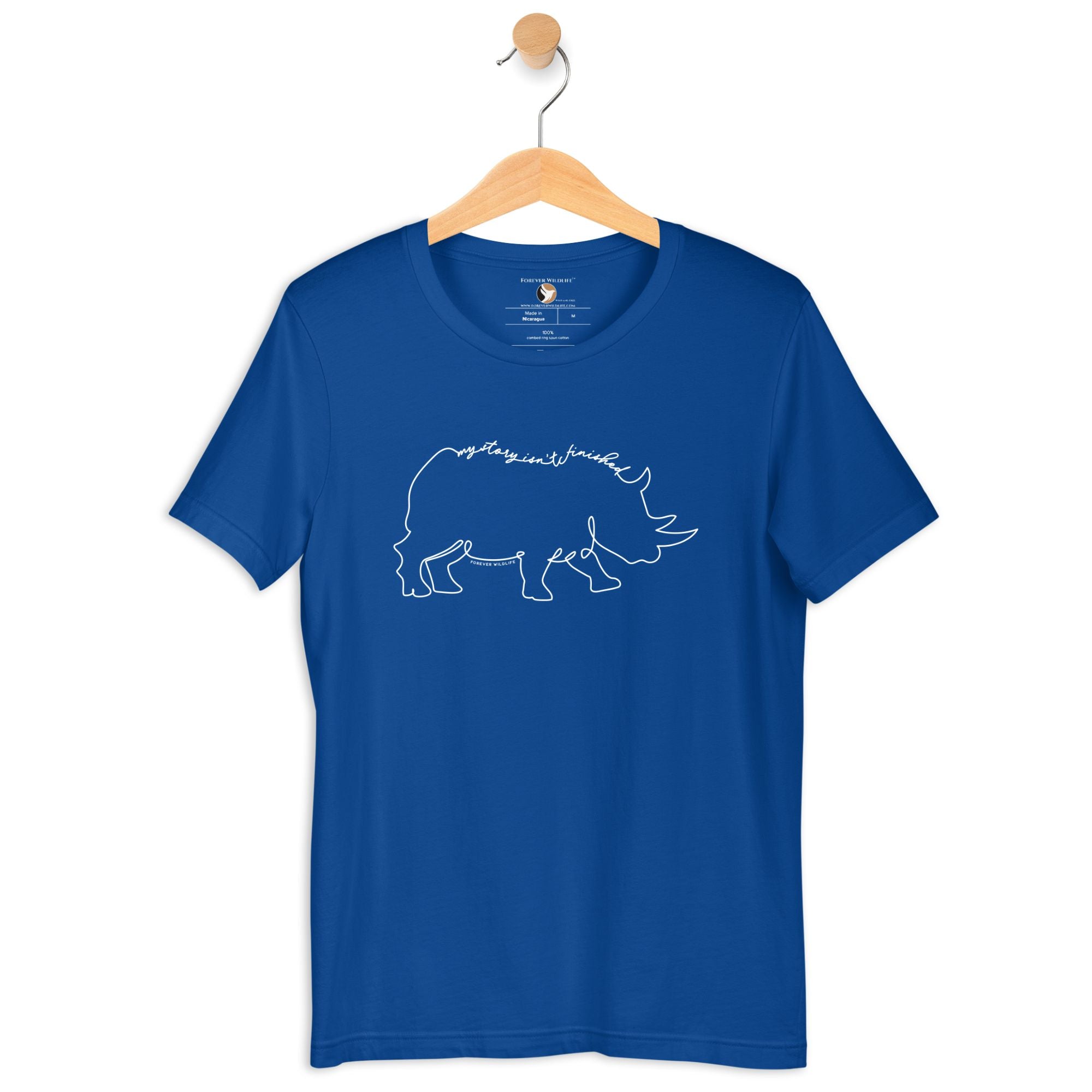 Rhino T-Shirt in True Royal – Premium Wildlife T-Shirt Design with My Story Isn't Finished Text, Rhino Shirts and Wildlife Clothing