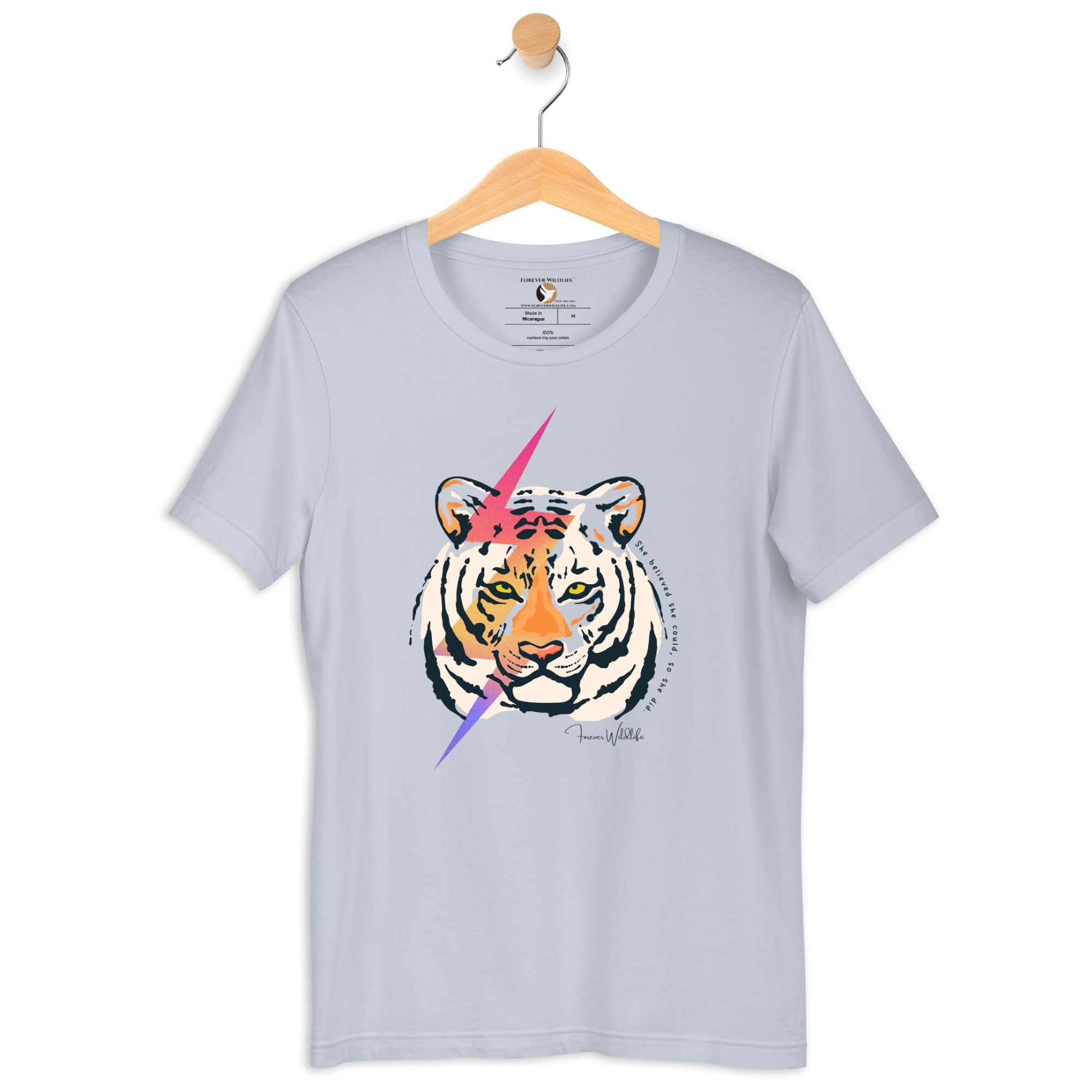 Tiger T-Shirt in Light Blue – Premium Wildlife T-Shirt Design with She Believed She Could So She Did Text, Tiger Shirts & Wildlife Clothing