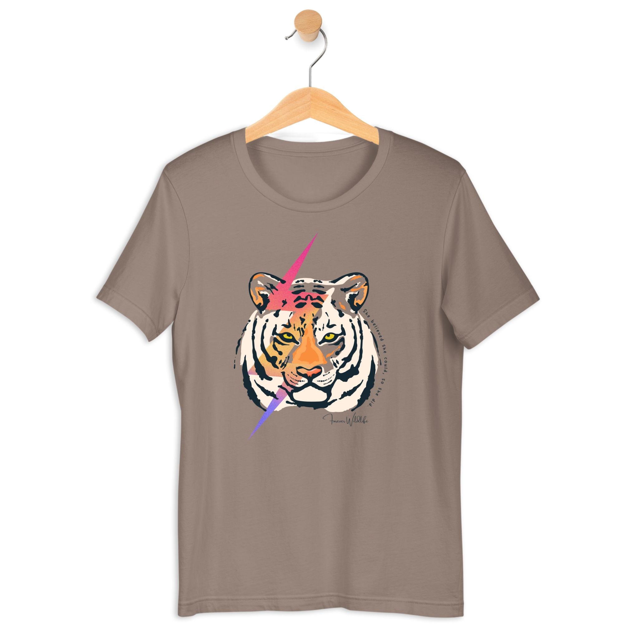 Tiger T-Shirt in Pebble – Premium Wildlife T-Shirt Design with She Believed She Could So She Did Text, Tiger Shirts & Wildlife Clothing