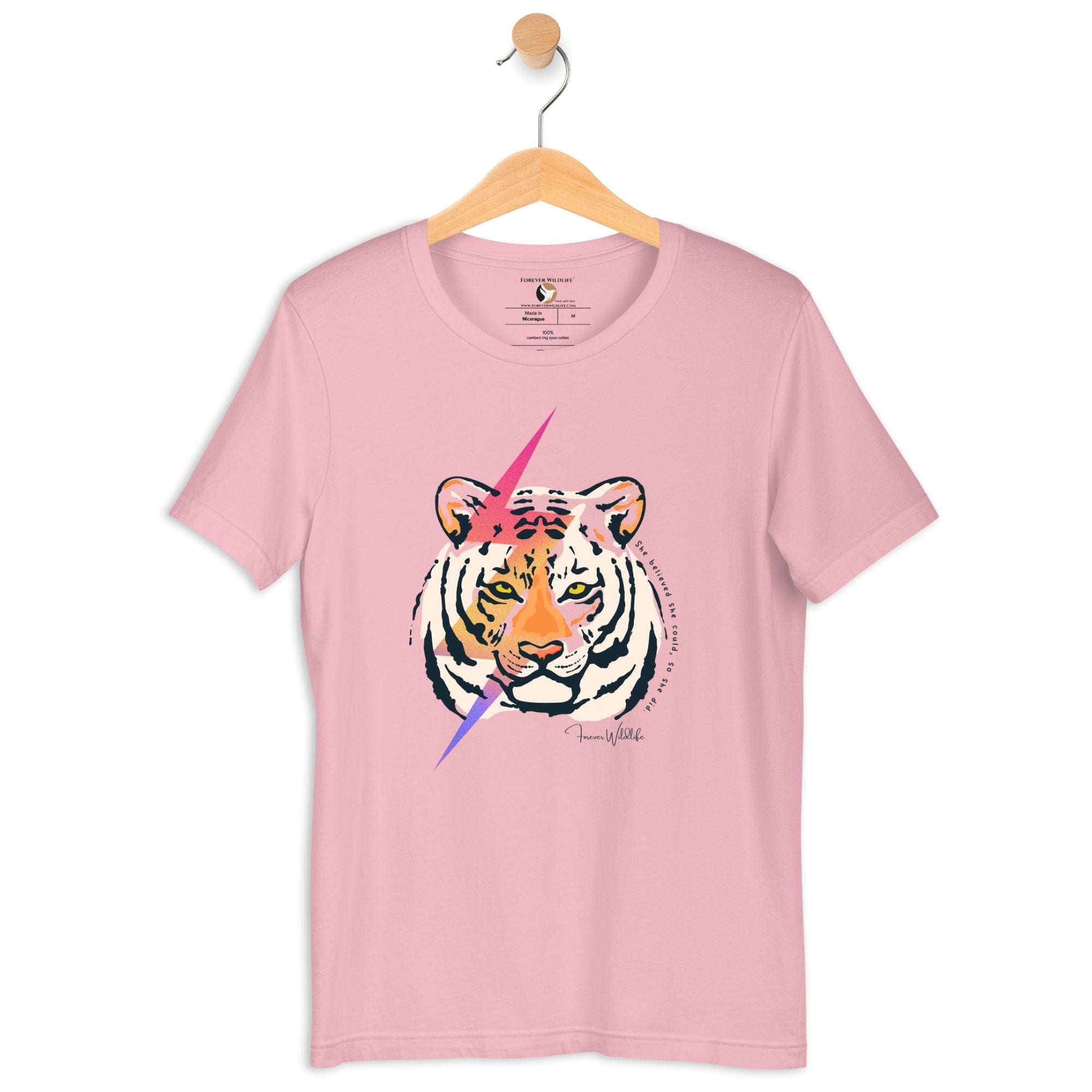Tiger T-Shirt in Pink – Premium Wildlife T-Shirt Design with She Believed She Could So She Did Text, Tiger Shirts & Wildlife Clothing