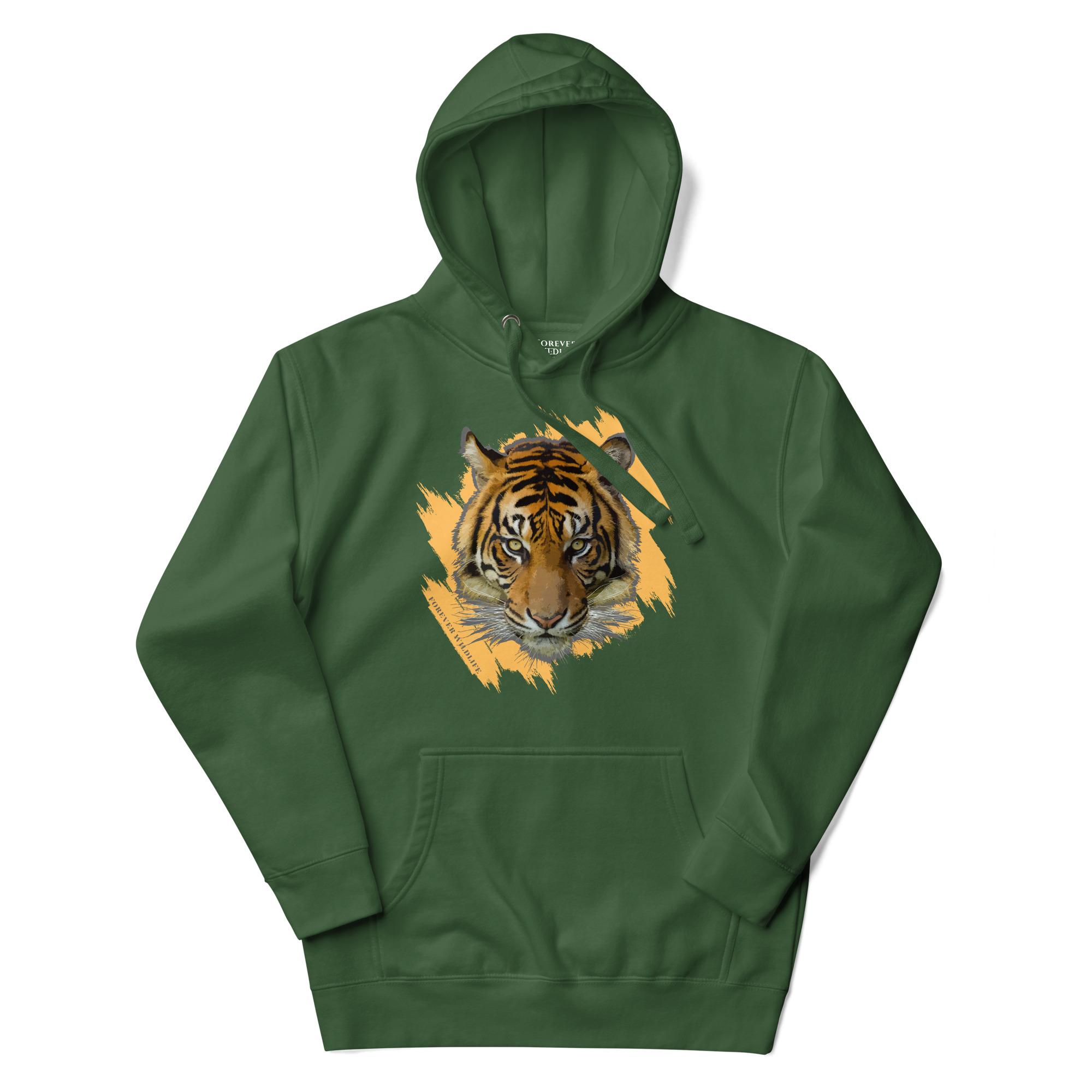 Tiger Face Hoodie in Forest Green – Premium Wildlife Animal Inspirational Hoodie Design, part of Wildlife Hoodies & Clothing from Forever Wildlife