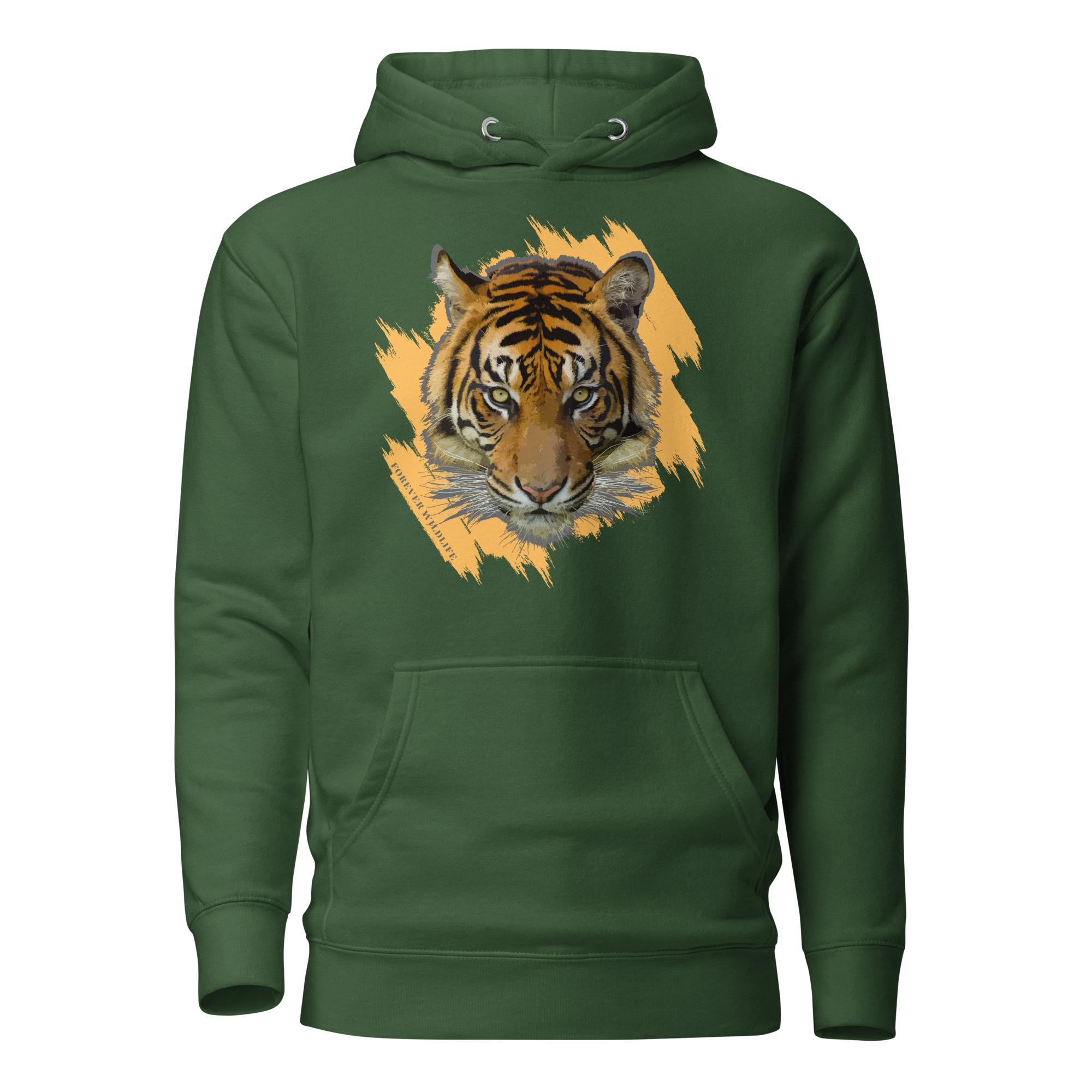 Tiger Face Hoodie in Forest Green – Premium Wildlife Animal Inspirational Hoodie Design, part of Wildlife Hoodies & Clothing from Forever Wildlife