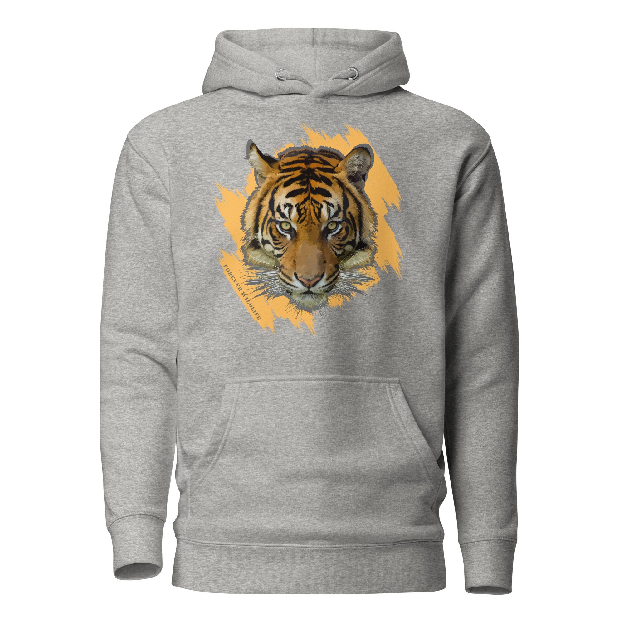 Tiger Face Hoodie in Carbon Grey – Premium Wildlife Animal Inspirational Hoodie Design, part of Wildlife Hoodies & Clothing from Forever Wildlife