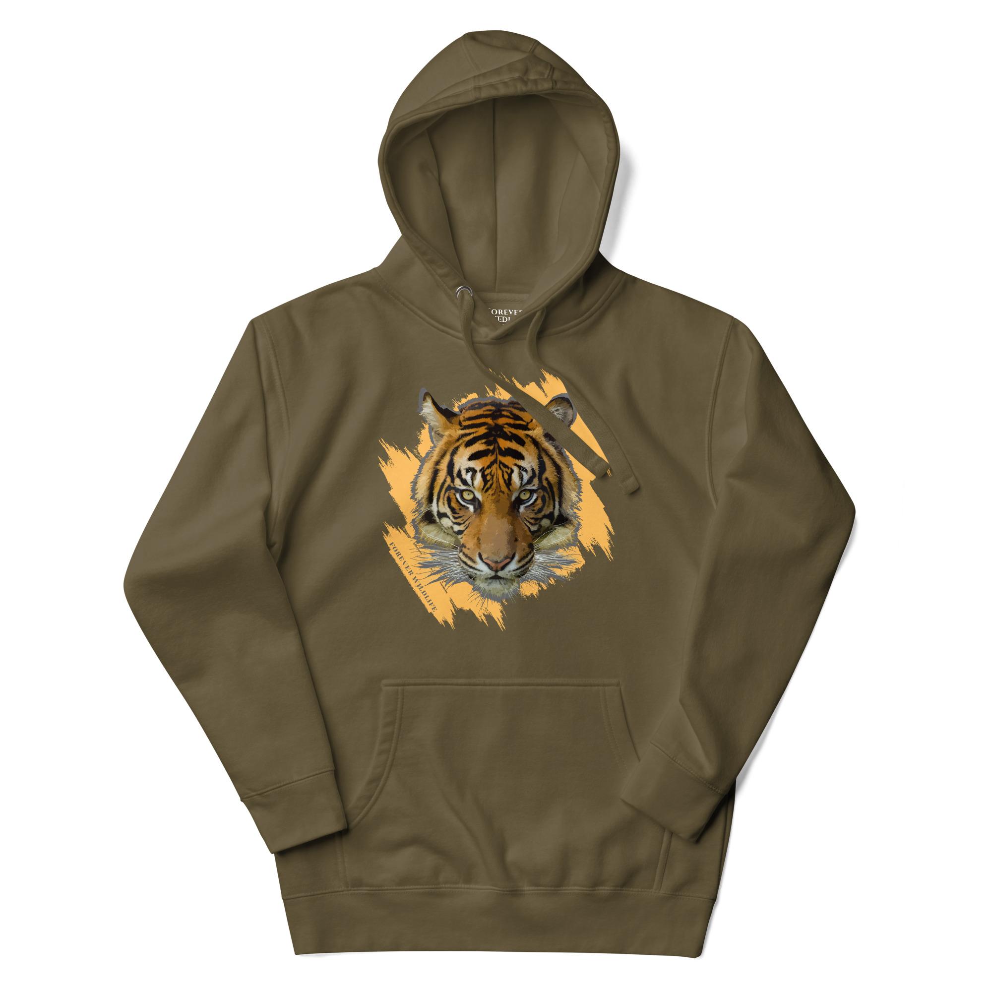 Tiger Face Hoodie in Military Green – Premium Wildlife Animal Inspirational Hoodie Design, part of Wildlife Hoodies & Clothing from Forever Wildlife