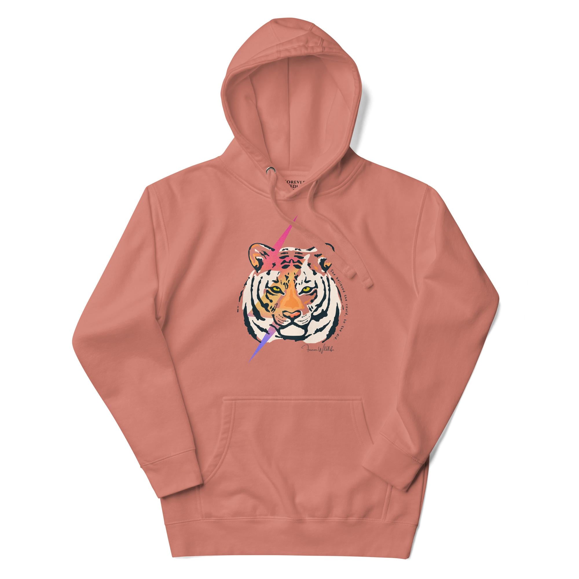 Tiger Hoodie in Dusty Rose – Premium Wildlife Animal Inspirational Hoodie Design, part of Wildlife Hoodies & Clothing from Forever Wildlife