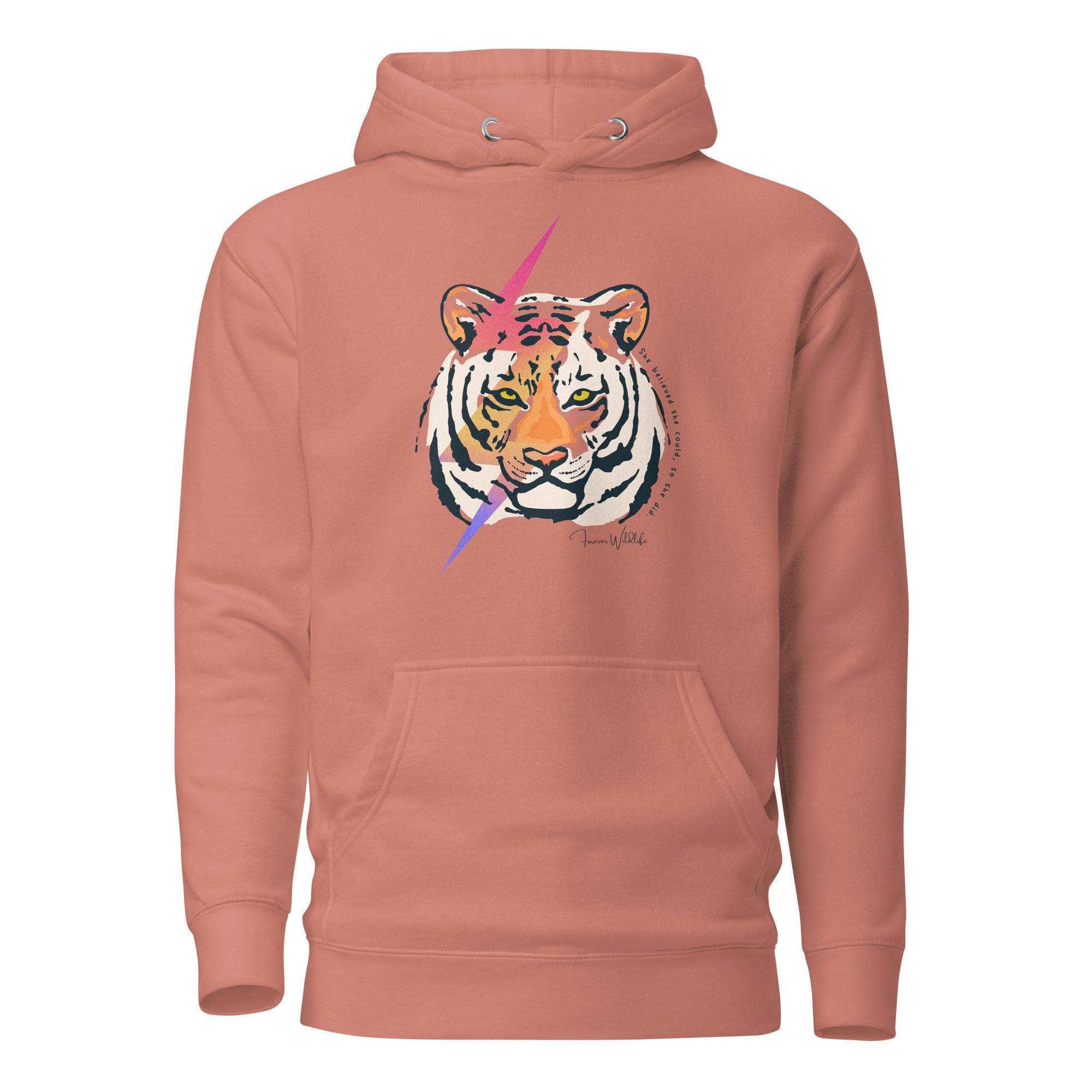 Tiger Hoodie in Dusty Rose – Premium Wildlife Animal Inspirational Hoodie Design, part of Wildlife Hoodies & Clothing from Forever Wildlife