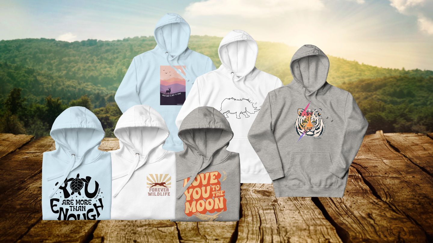 Wildlife Hoodies mockups with Inspirational Wildlife Animal Graphic on them as part of Unisex T-Shirts collection & Clothing from Forever Wildlife.
