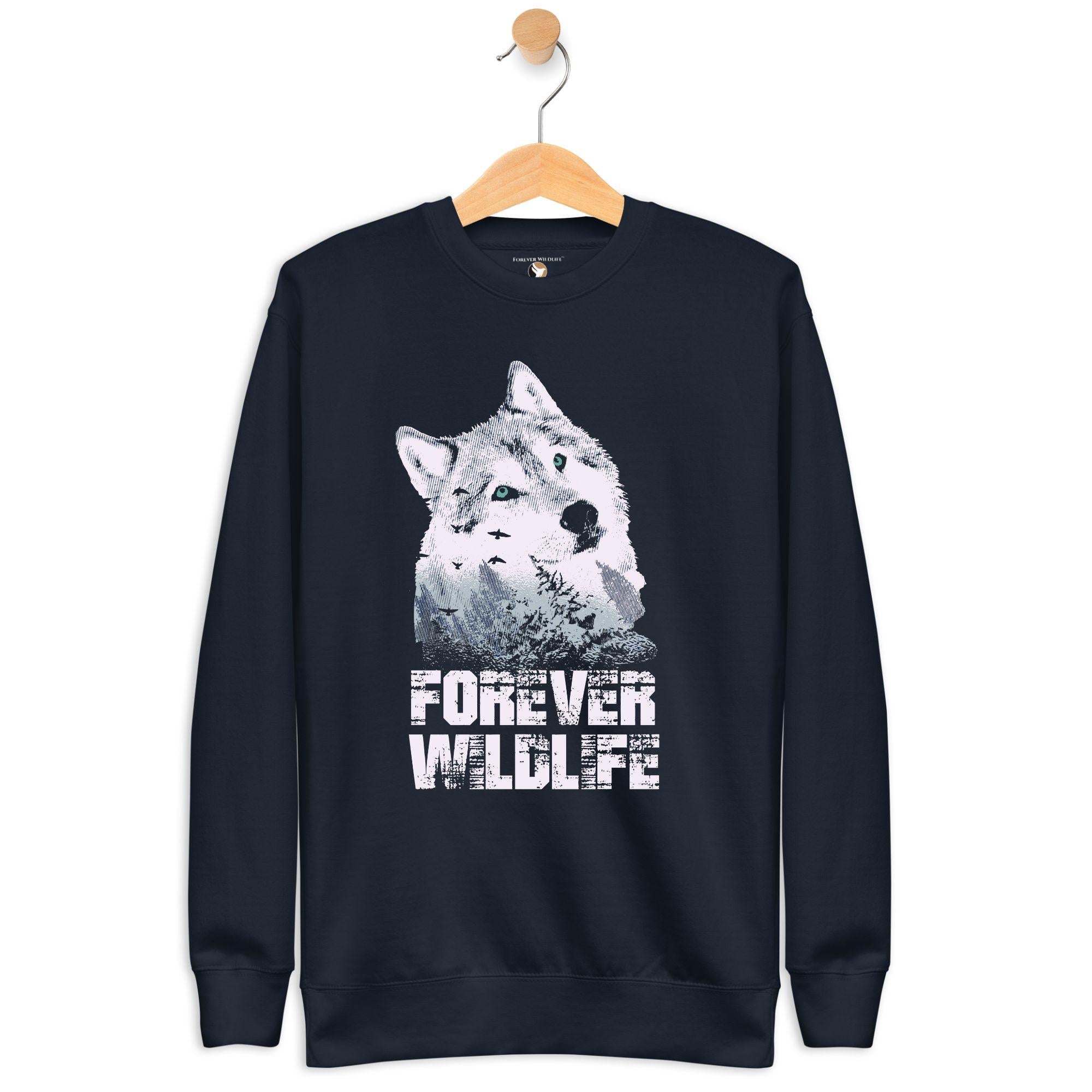 Wolf Sweatshirt in Navy-Premium Wildlife Animal Inspiration Sweatshirt Design, part of Wildlife Sweatshirts & Clothing from Forever Wildlife.