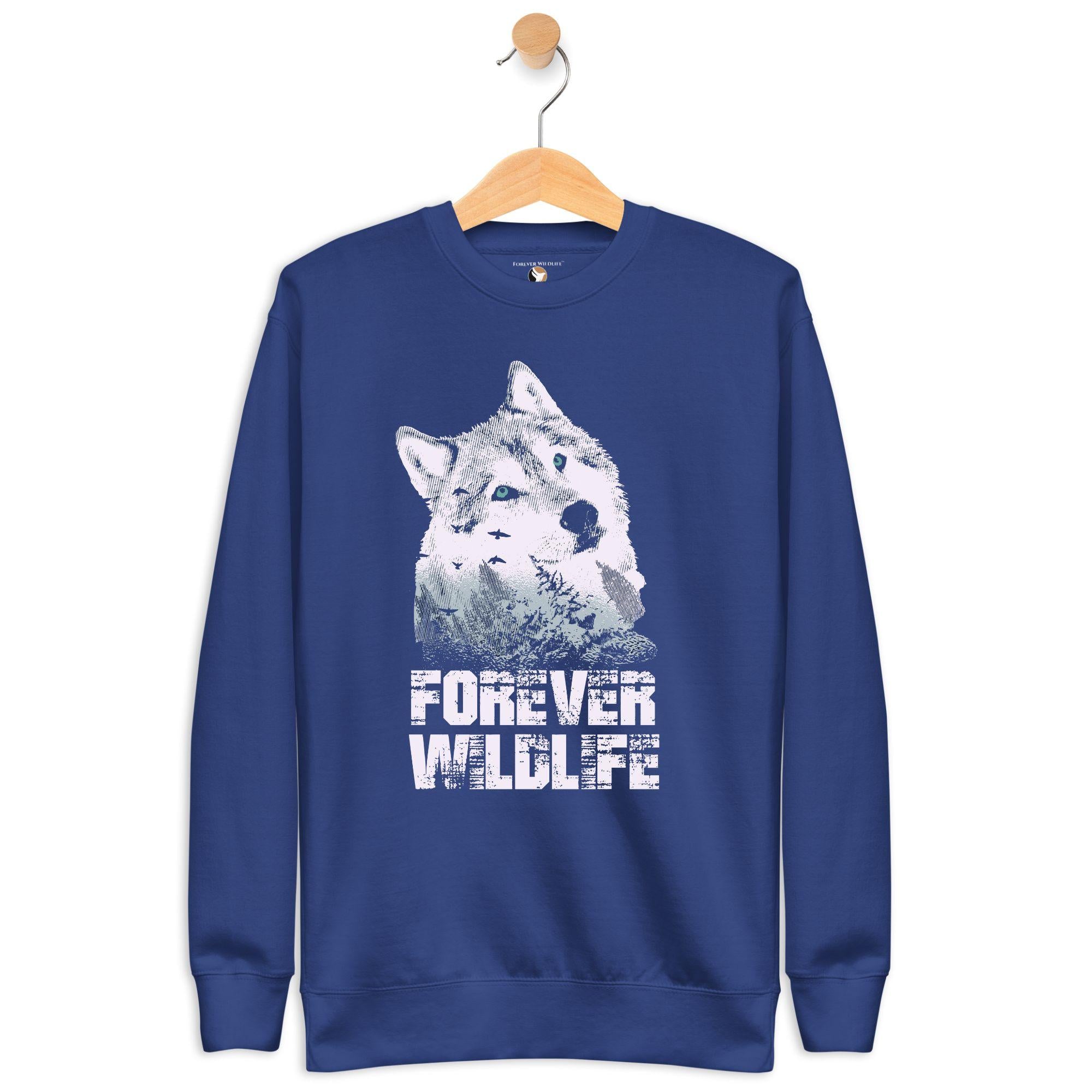 Wolf Sweatshirt in Royal-Premium Wildlife Animal Inspiration Sweatshirt Design, part of Wildlife Sweatshirts & Clothing from Forever Wildlife.