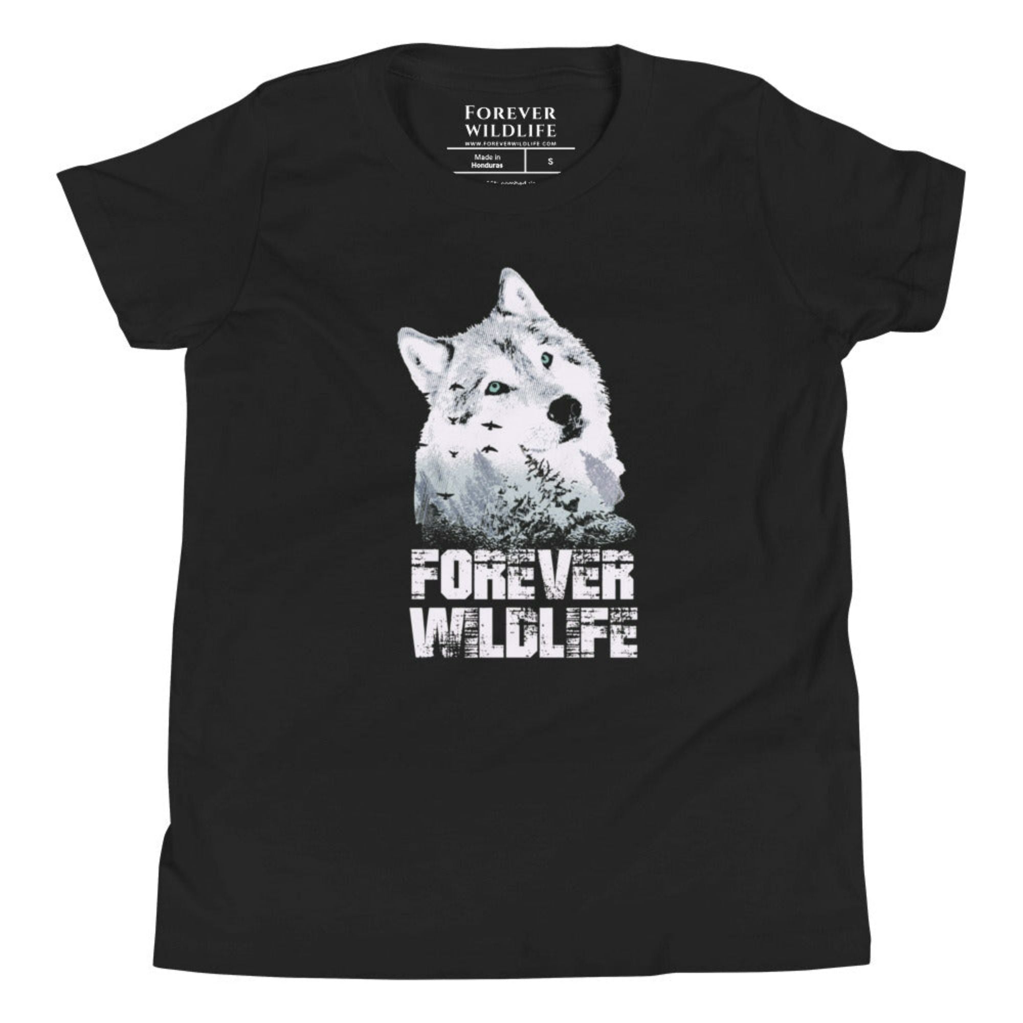 Black Youth T-Shirt with Wolf graphic as part of Wildlife T Shirts, Wildlife Clothing & Apparel by Forever Wildlife