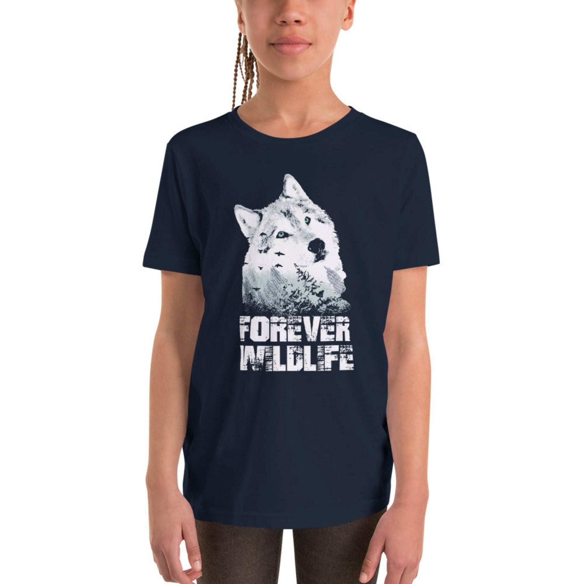Teen wearing Youth T-Shirt with Wolf graphic as part of Wildlife T Shirts, Wildlife Clothing & Apparel by Forever Wildlife