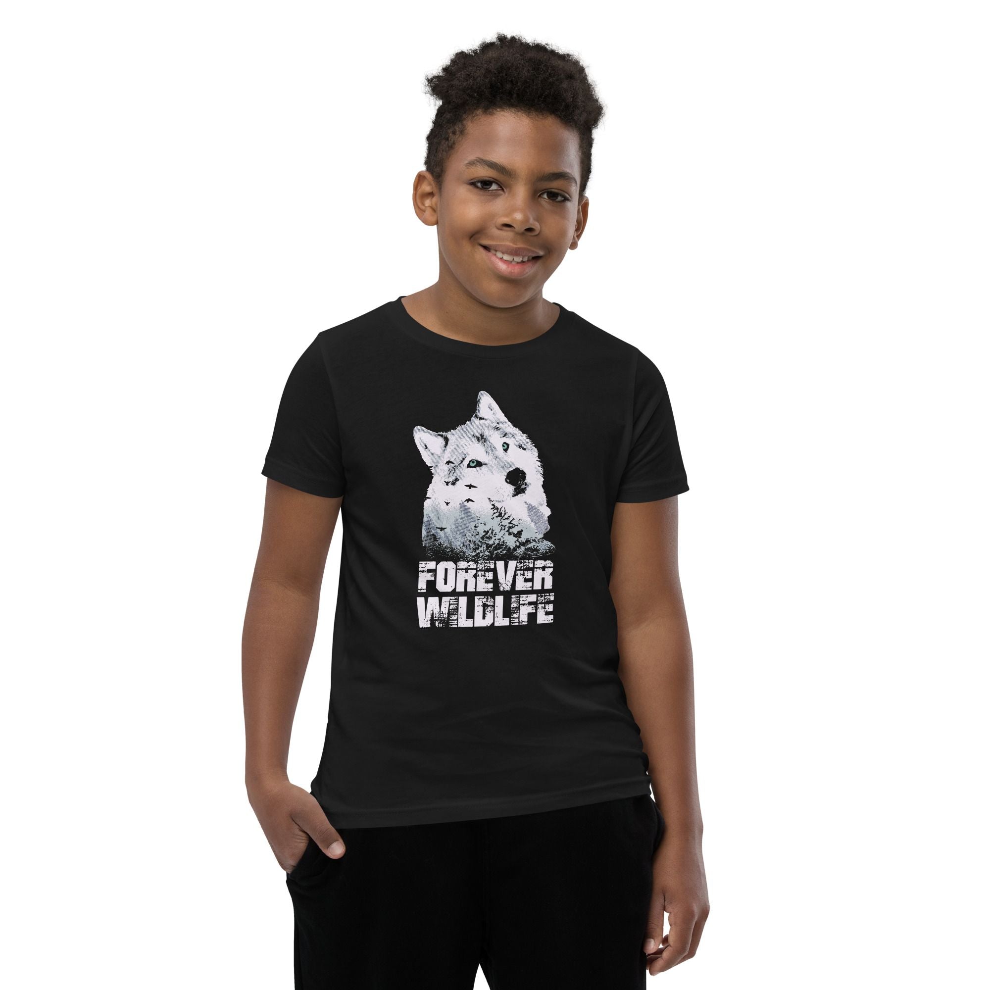 Teen wearing Black Youth T-Shirt with Wolf graphic as part of Wildlife T Shirts, Wildlife Clothing & Apparel by Forever Wildlife