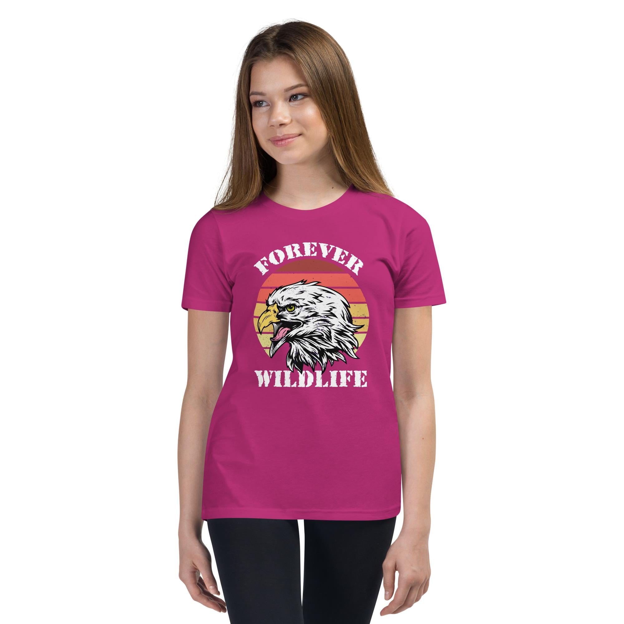 Teen wearing Berry Youth T-Shirt with Eagle graphic as part of Wildlife T Shirts, Wildlife Clothing & Apparel by Forever Wildlife