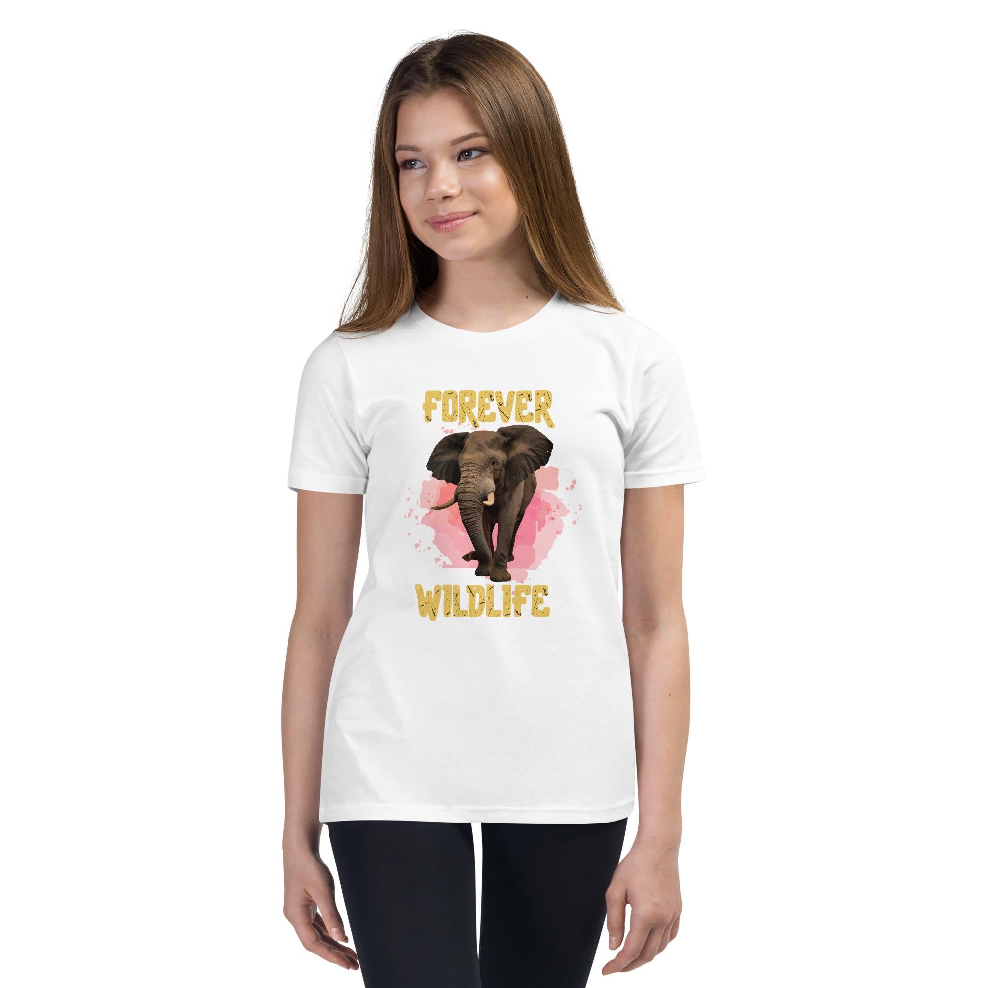 Teen wearing White Youth T-Shirt with Elephant graphic as part of Wildlife T Shirts, Wildlife Clothing & Apparel by Forever Wildlife