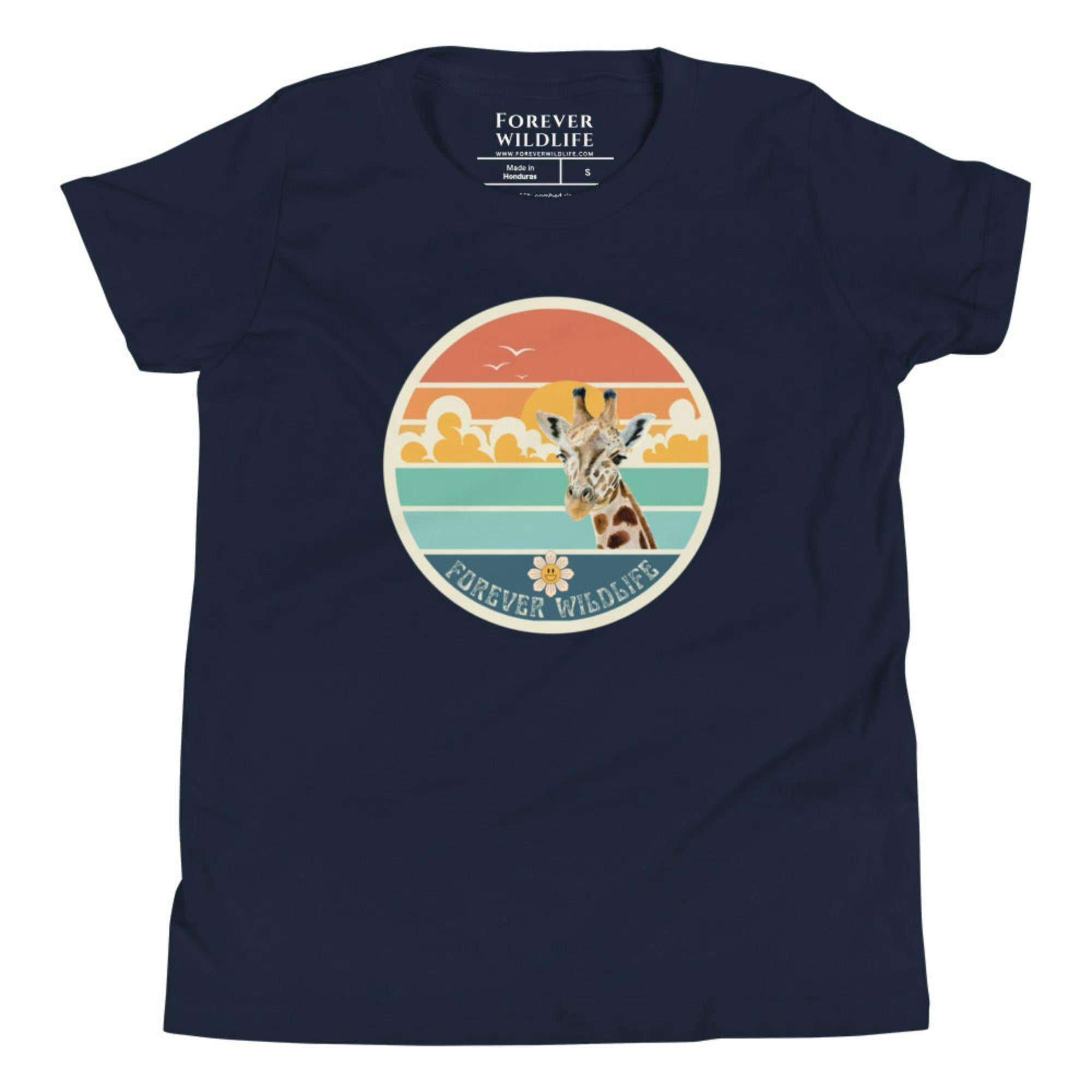 Navy Youth T-Shirt with Giraffe graphic as part of Wildlife T Shirts, Wildlife Clothing & Apparel by Forever Wildlife