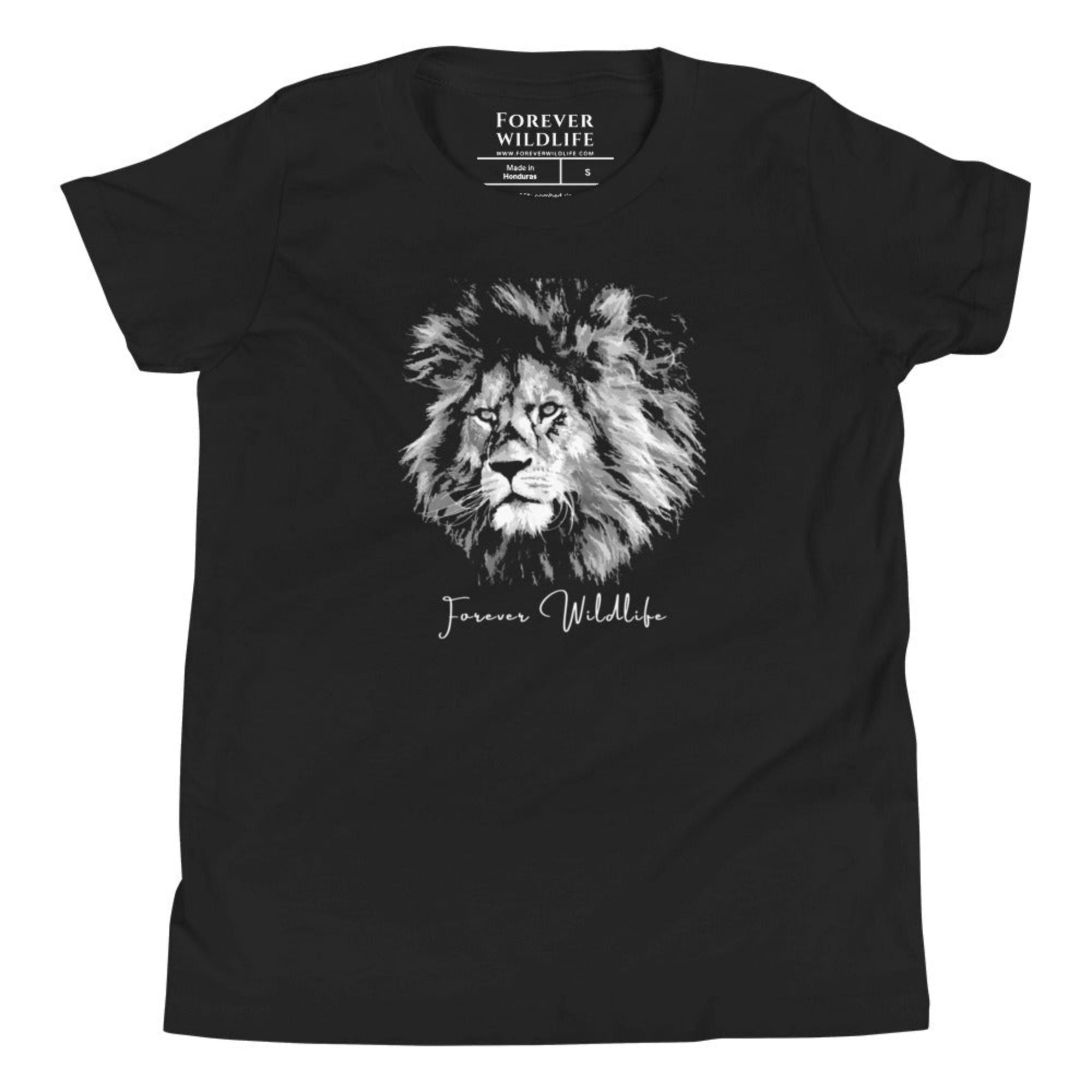 Black Youth T-Shirt with Lion graphic as part of Wildlife T Shirts, Wildlife Clothing & Apparel by Forever Wildlife