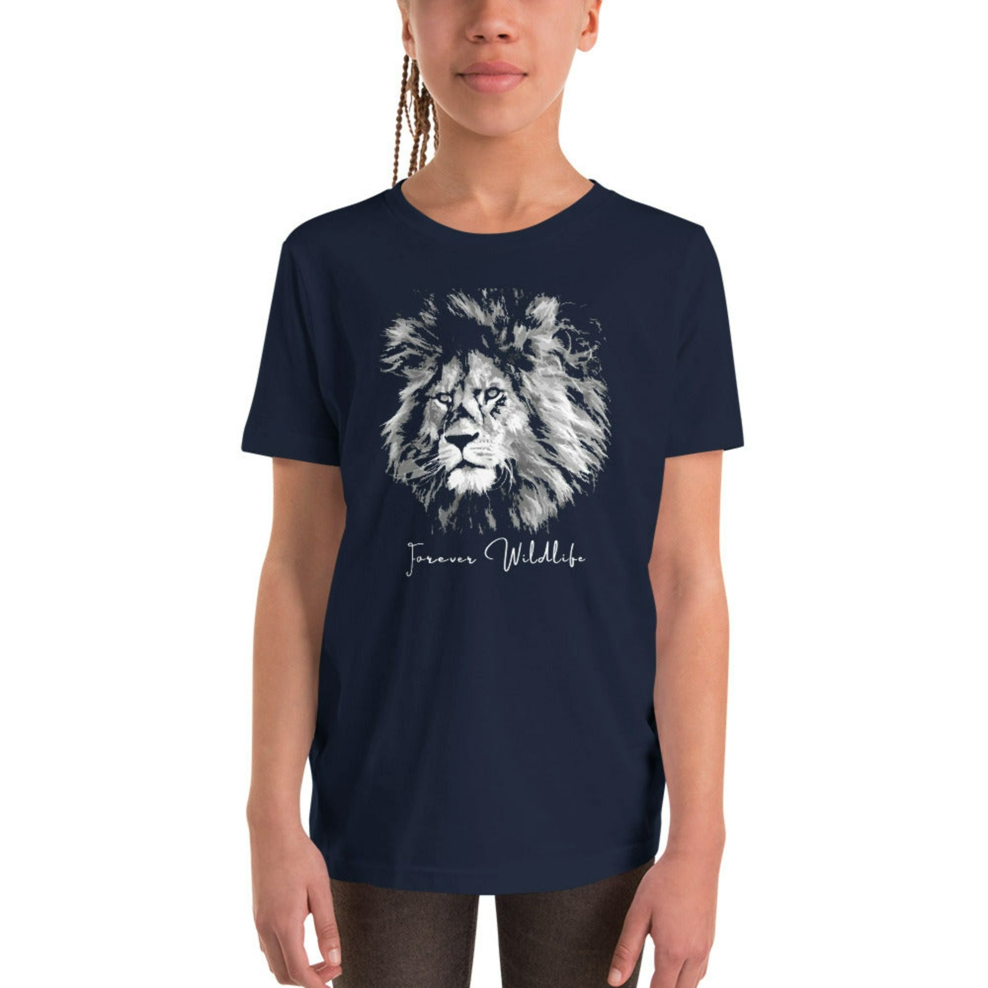 Teen wearing Navy Youth T-Shirt with lion graphic as part of Wildlife T Shirts, Wildlife Clothing & Apparel by Forever Wildlife