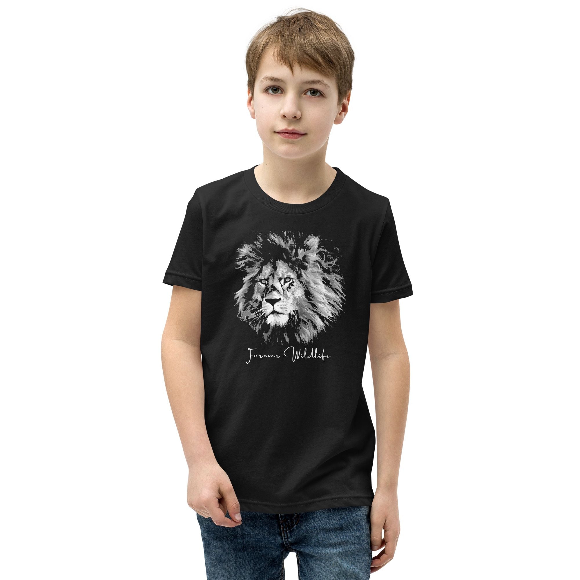 Teen wearing Black Youth T-Shirt with lion graphic as part of Wildlife T Shirts, Wildlife Clothing & Apparel by Forever Wildlife