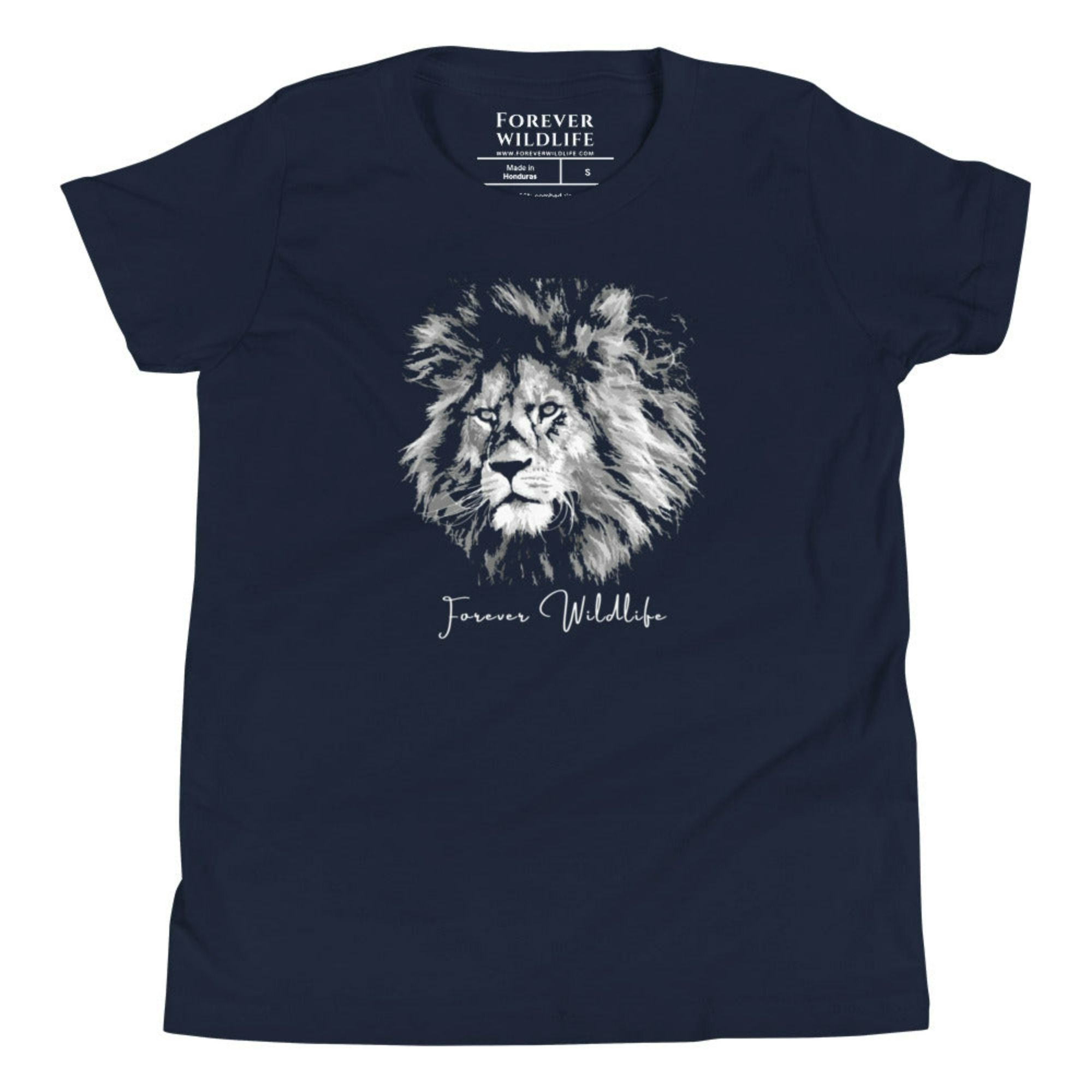 Navy Youth T-Shirt with Lion graphic as part of Wildlife T Shirts, Wildlife Clothing & Apparel by Forever Wildlife