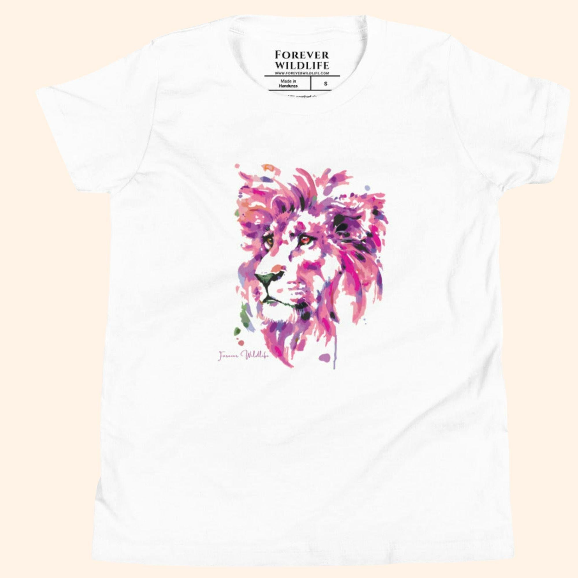 White Youth T-Shirt with Lion graphic as part of Wildlife T Shirts, Wildlife Clothing & Apparel by Forever Wildlife