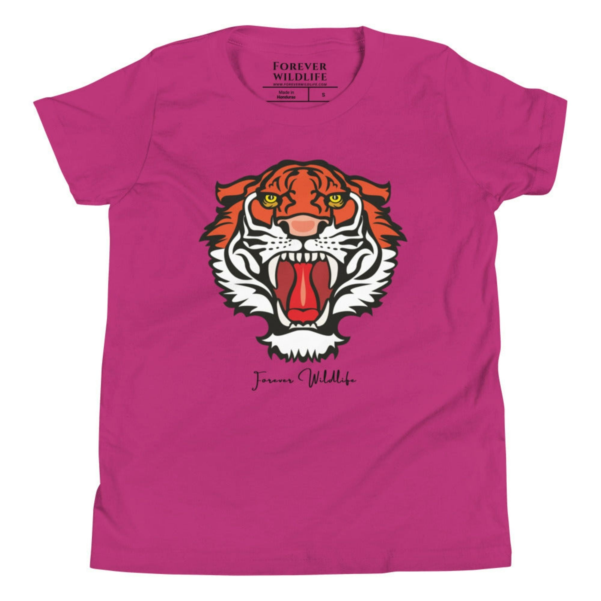 Purple Pink Youth T-Shirt with Tiger graphic as part of Wildlife T Shirts, Wildlife Clothing & Apparel by Forever Wildlife