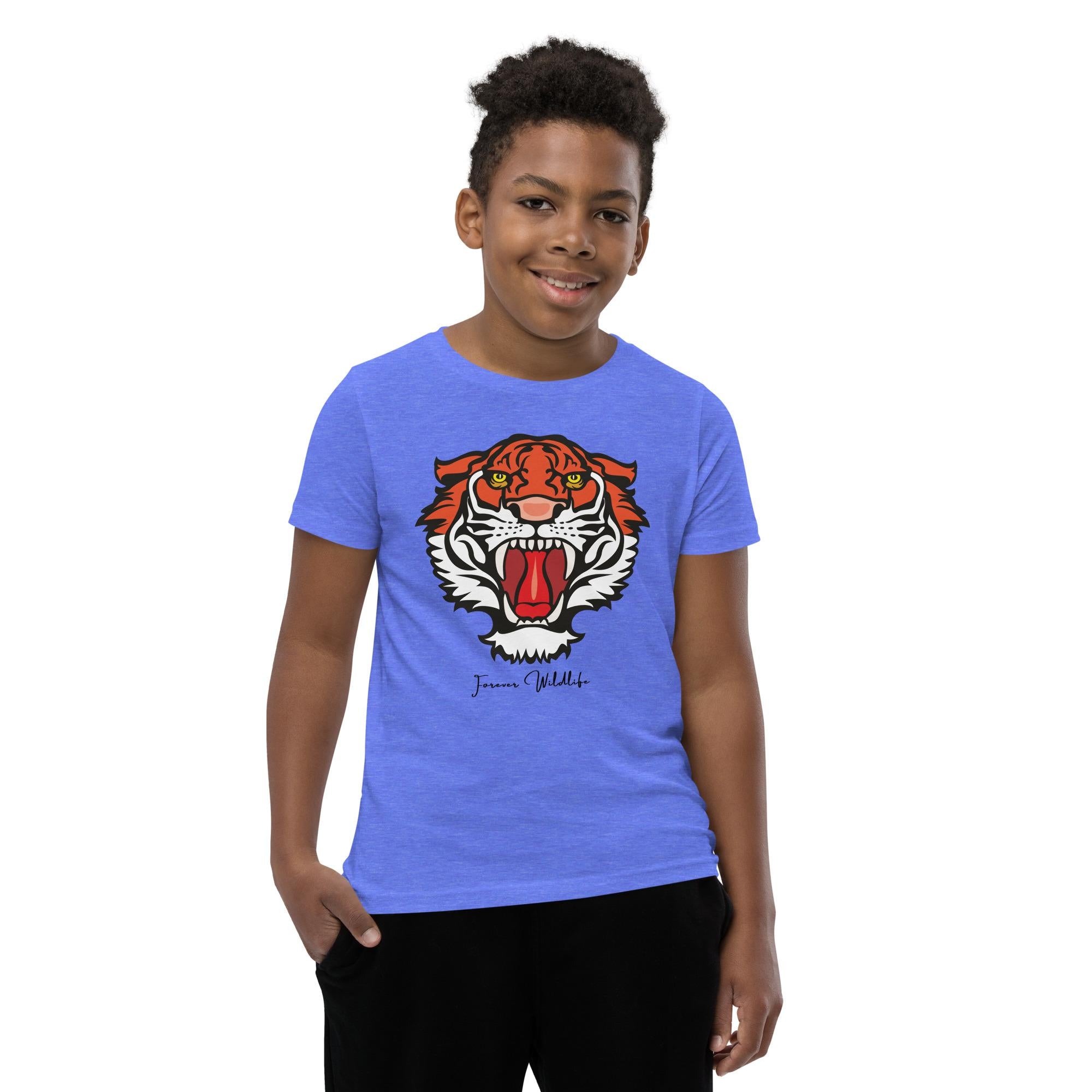 Teen wearing Tiger Youth T-Shirt with Tiger graphic as part of Wildlife T Shirts, Wildlife Clothing & Apparel by Forever Wildlife