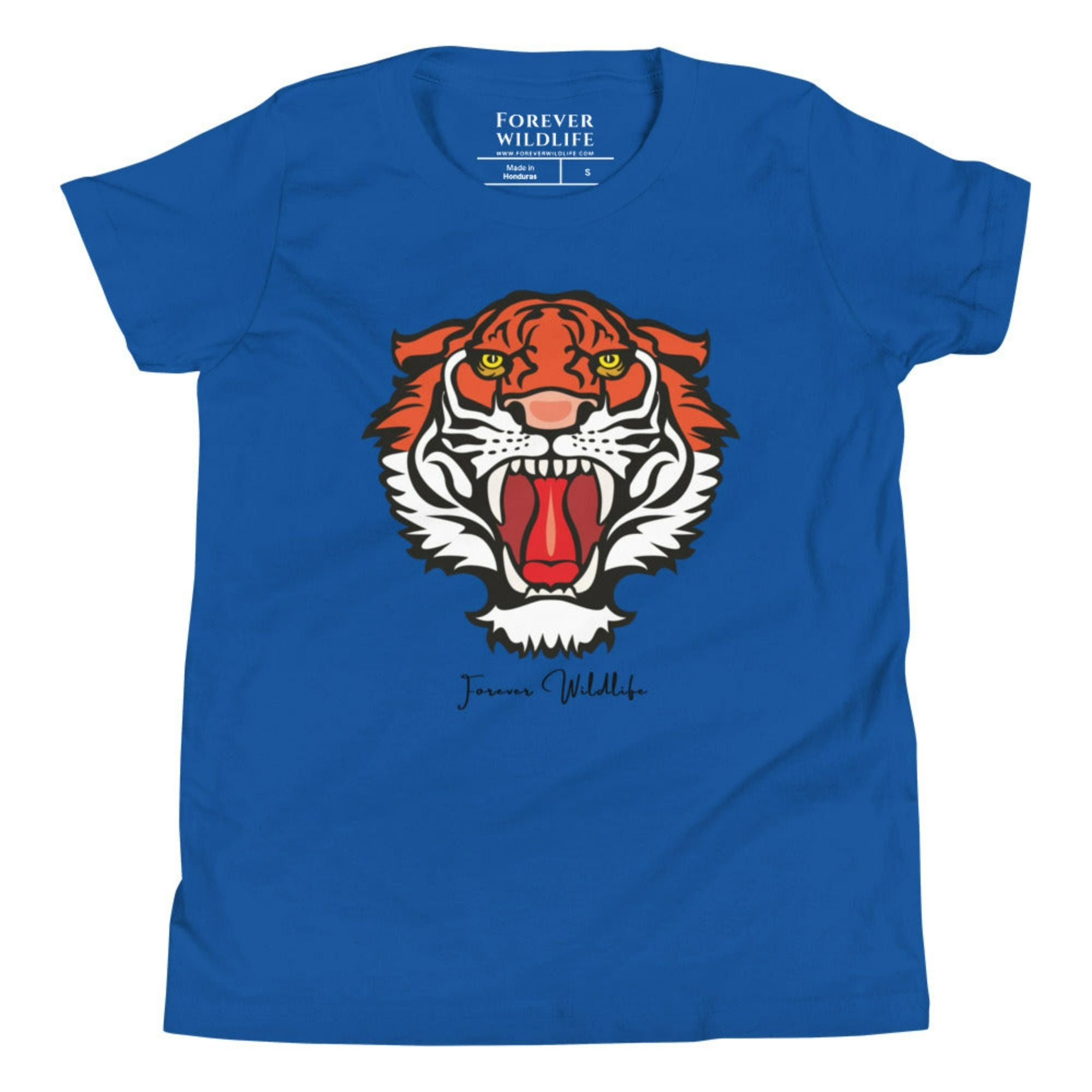 Royal Blue Youth T-Shirt with Tiger graphic as part of Wildlife T Shirts, Wildlife Clothing & Apparel by Forever Wildlife