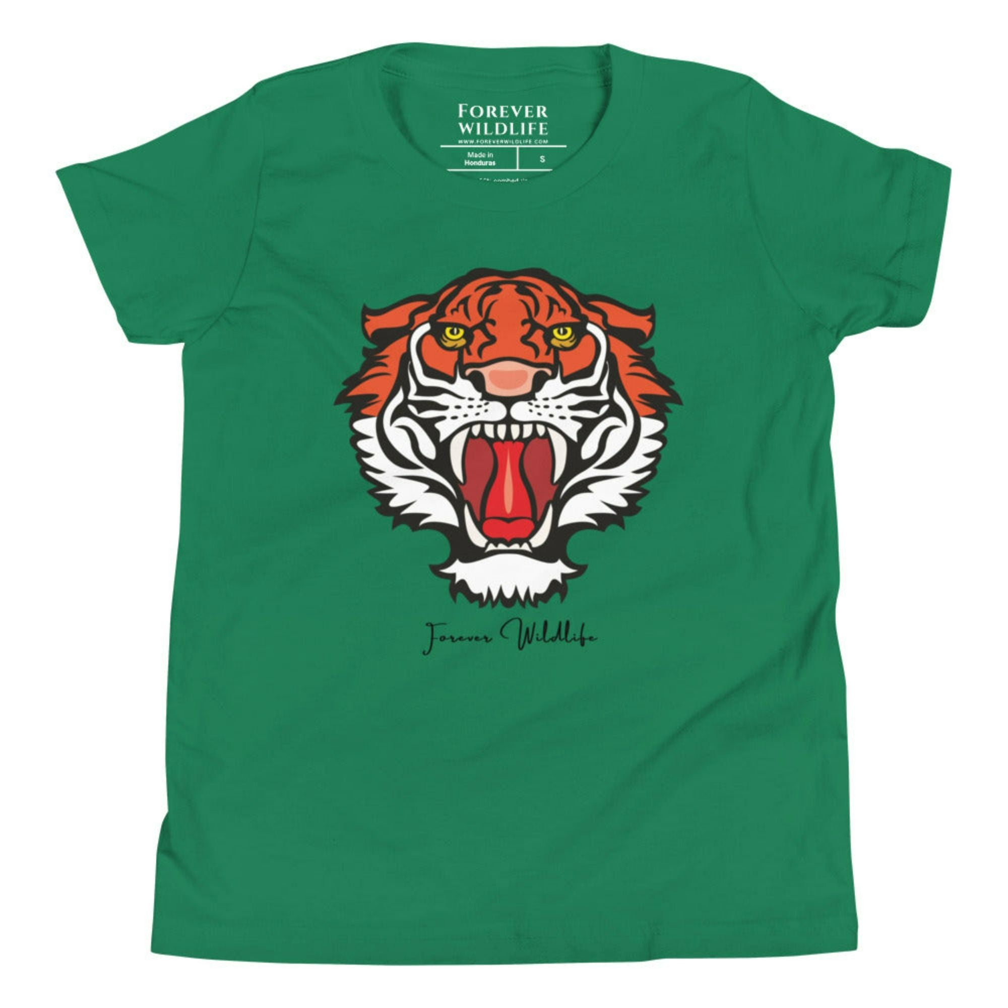 Kelly Green Youth T-Shirt with Tiger graphic as part of Wildlife T Shirts, Wildlife Clothing & Apparel by Forever Wildlife