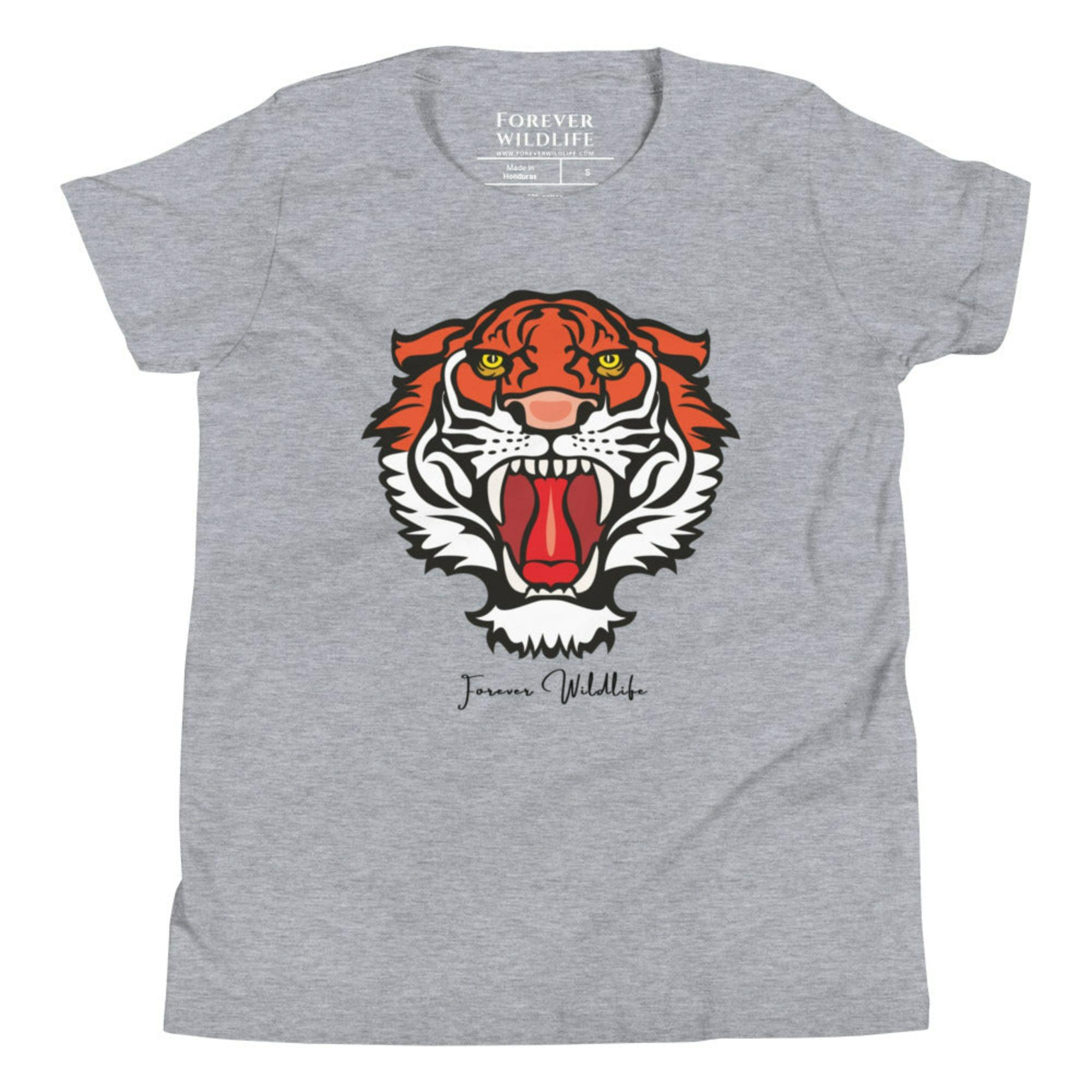 Grey Heather Youth T-Shirt with Tiger graphic as part of Wildlife T Shirts, Wildlife Clothing & Apparel by Forever Wildlife