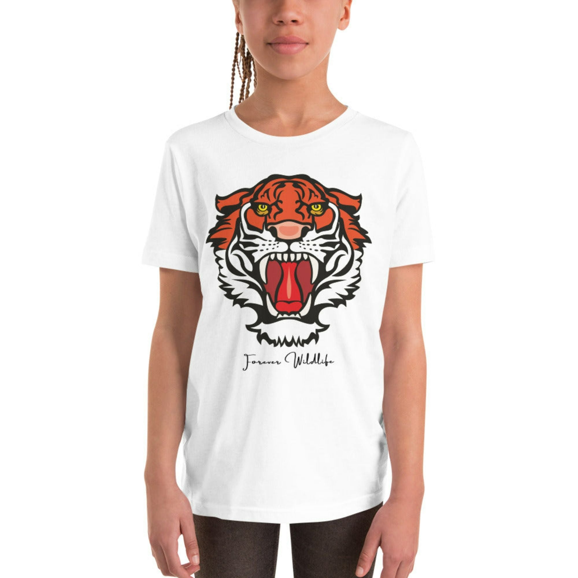 Teen wearing White Youth T-Shirt with Tiger graphic as part of Wildlife T Shirts, Wildlife Clothing & Apparel by Forever Wildlife